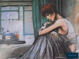 a drawing of a woman sitting on a bed in a room