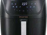 a close up of a black air fryer on a white background