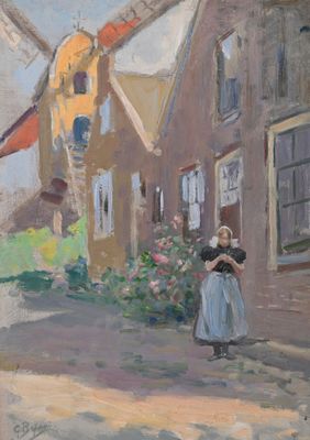 tableau représentant une femme en robe bleue debout devant un moulin à vent