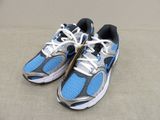 pair of blue and black running shoes with white laces on the sole