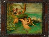 an oil painting on canvas of a woman and two men in the water