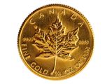 pièce d'or canadienne sur laquelle figure une feuille d'érable