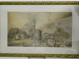 framed drawing of a view of a city with a clock tower