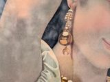 a painting of a woman in a green dress holding a cell phone