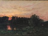 an oil painting of a sunset over a lake with trees in the background