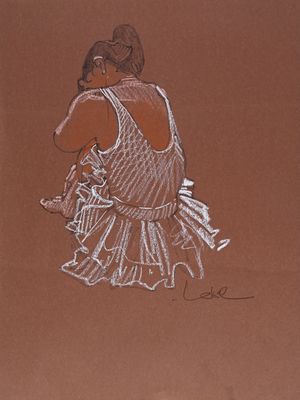 drawing of a woman in a dress holding a basket of flowers