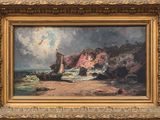 an image of a painting of a rocky beach with a boat in the water