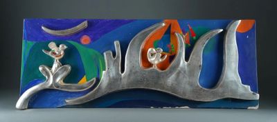 BERNARD DELAVAL. Composition en relief chromé et peint à suj…