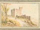 tableau représentant un château sur une colline, avec un homme qui marche sur la route