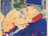 une vieille affiche de cinéma représentant un homme et une femme en train de s'embrasser