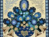 tableau représentant un vase bleu rempli de fleurs bleues sur fond jaune