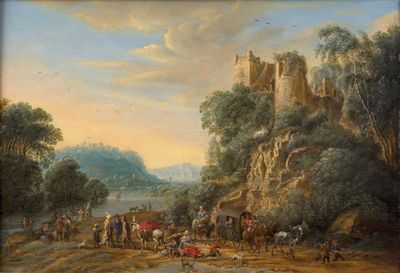 tableau représentant un château, avec des personnages et des animaux au premier plan