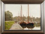 a picture of a painting of boats on the water