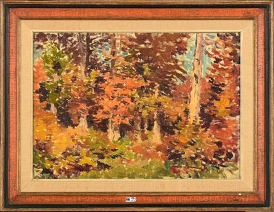 Huile sur toile marouflée sur panneau "Forêt en automne".