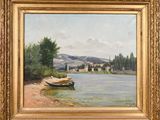 an oil painting of a boat on a lake with a mountain in the background