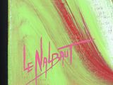 painting of a yellow and red wave with a pink writing on it