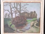 une peinture à l'huile représentant un ruisseau traversant un champ au milieu des arbres