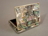 a small box with abana shells in it on a table