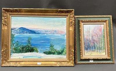 two paintings of a lake and a mountain in a gold frame