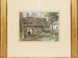 un tableau représentant une scène de vie à la campagne, avec un homme et un chien devant une maison