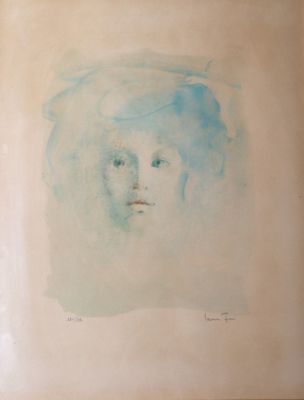 dessin représentant le visage d'une femme coiffée d'un chapeau bleu