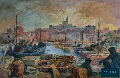 une peinture représentant une scène portuaire avec des bateaux dans l'eau