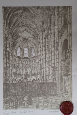 une image représentant un dessin d'une cathédrale avec un cachet en cire rouge