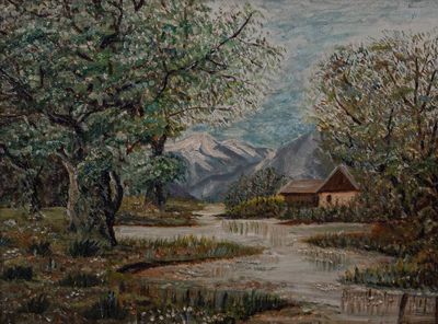 a painting of a house in the middle of a field