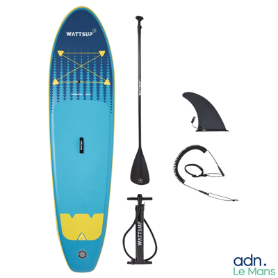 une image représentant une planche de stand up paddle bleue et jaune, accompagnée d'une pagaie et d'une pagaie