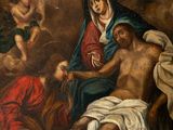 an image of a painting of jesus on the cross surrounded by angels
