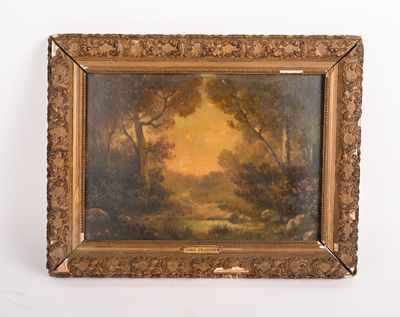 tableau représentant un paysage avec des arbres et une rivière, dans un cadre doré