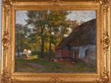 an oil painting of a farm scene with cows in the foreground