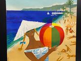 tableau représentant une femme tenant un ballon de plage face à l'océan