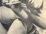 a black and white photo of a woman eating a piece of pizza