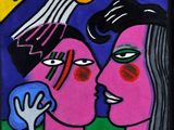 un tableau représentant deux femmes qui se regardent, avec un oiseau en arrière-plan