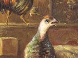 painting of two chickens and a rooster in a barn by a window