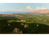 a painting of a view of a valley with a mountain in the distance