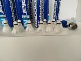 a lot of badminton balls and shuttles sitting on a shelf