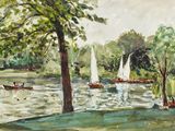 a painting of sailboats on the water with trees in the background