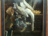 an image of a painting of a bird with a basket of fruit on a table