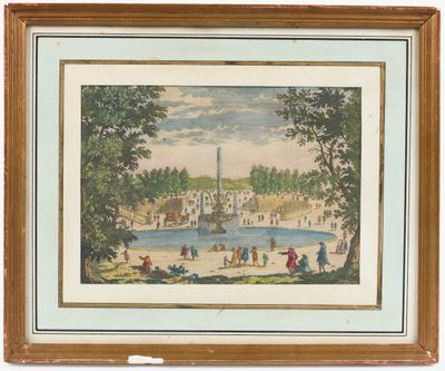 un tableau représentant une vue d'un parc avec des personnes et une fontaine