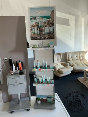a room with a couch, a table, a chair, and a hair dryer in it