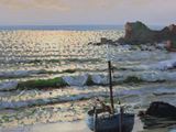 a painting of a boat on the beach by the water