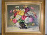 a painting of flowers in a vase on a table