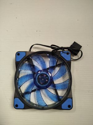 an image of a blue and white fan on a white table