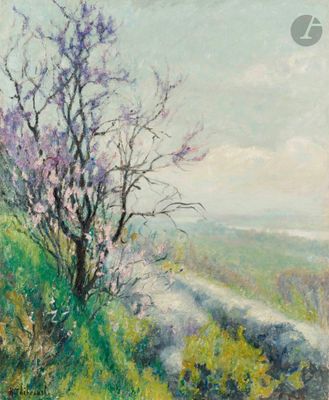an oil painting of a tree on a hill with a road in the background