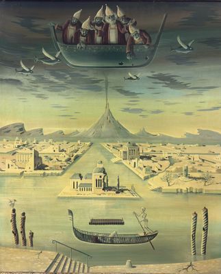une image représentant un tableau où l'on voit un bateau sur un plan d'eau, avec une ville en arrière-plan