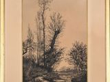 painting of a landscape with trees and a road in the foreground