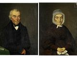 two portraits of a man and a woman in black clothing