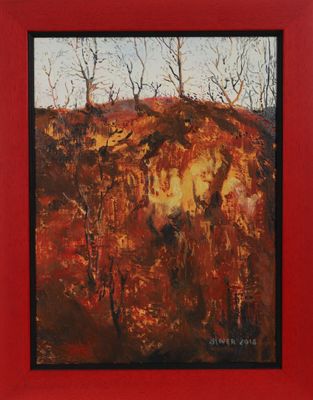 an oil painting of a red landscape with trees in the foreground